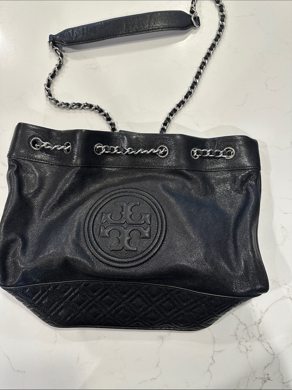 Tory Burch Black Leather Chain-Trim Shoulder Tote